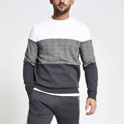 Grey check colour block slim fit sweatshirt
