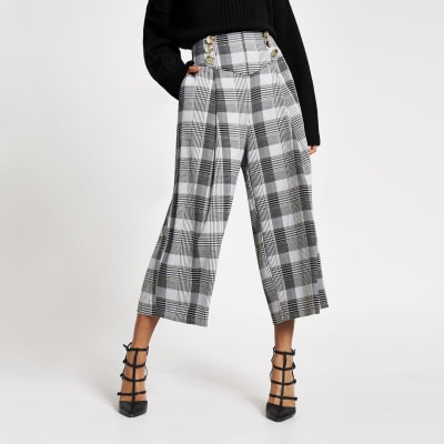 Grey check cropped wide leg trousers | River Island