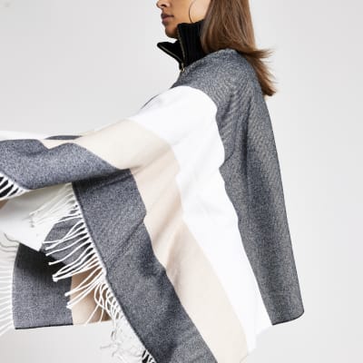 Grey check high neck zip front cape