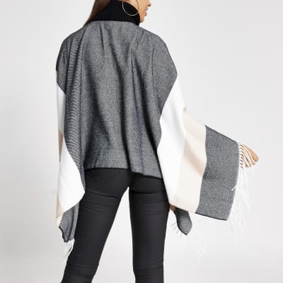 Grey check high neck zip front cape
