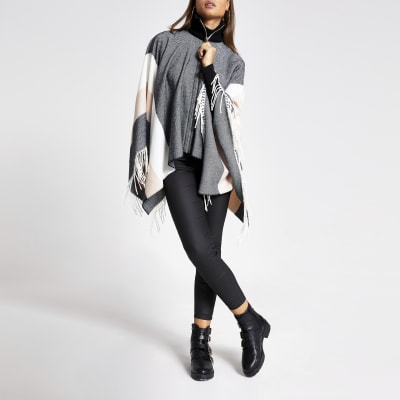 Grey check high neck zip front cape