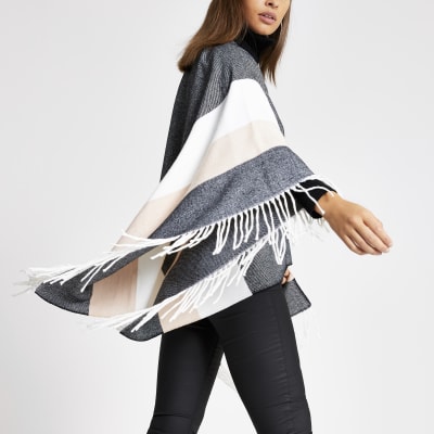 Grey check high neck zip front cape