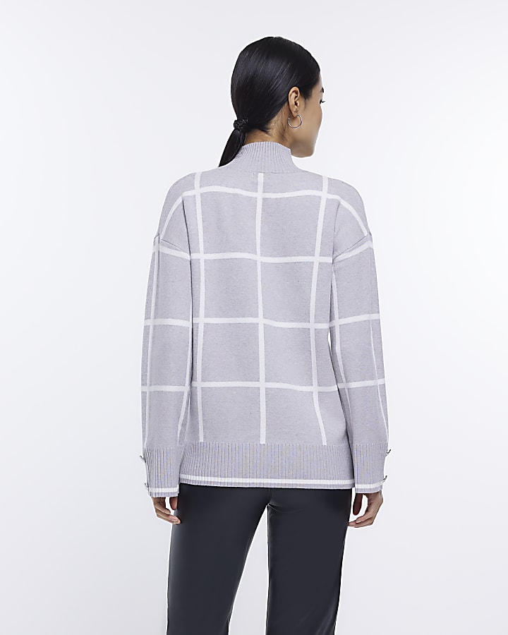 Grey check knit turtleneck jumper