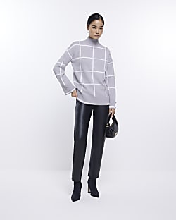 Grey check knit turtleneck jumper