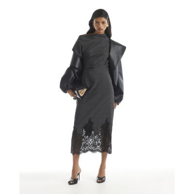 Check Lace Trim Midi Dress