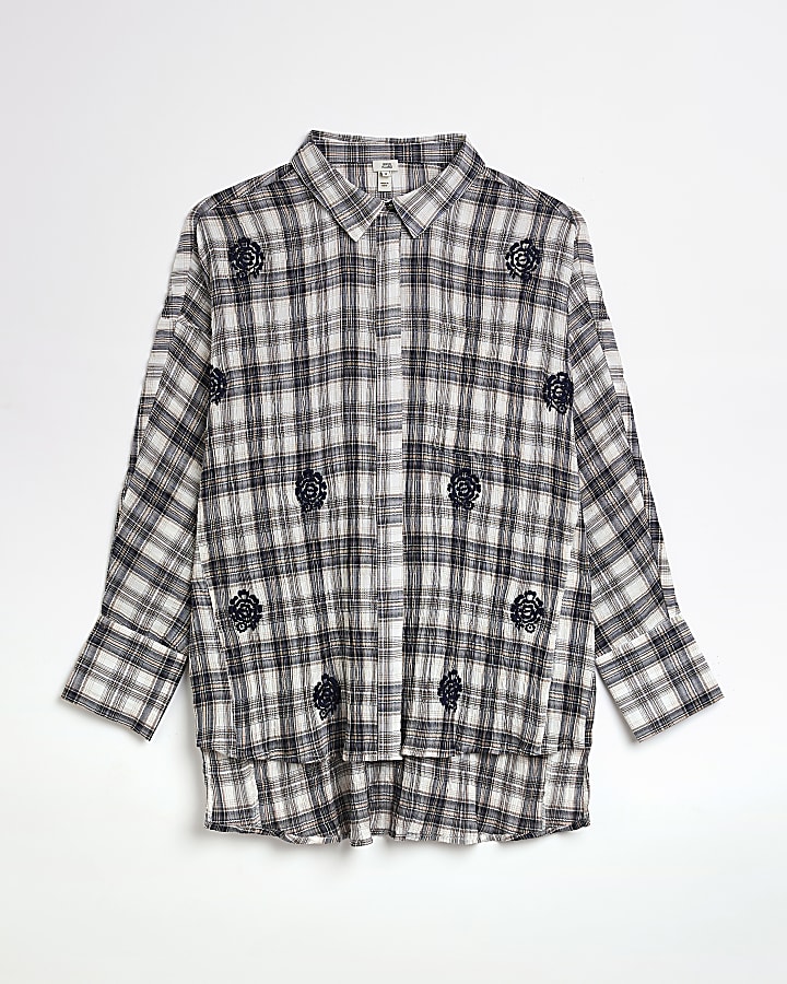 Grey check oversized embroidered shirt