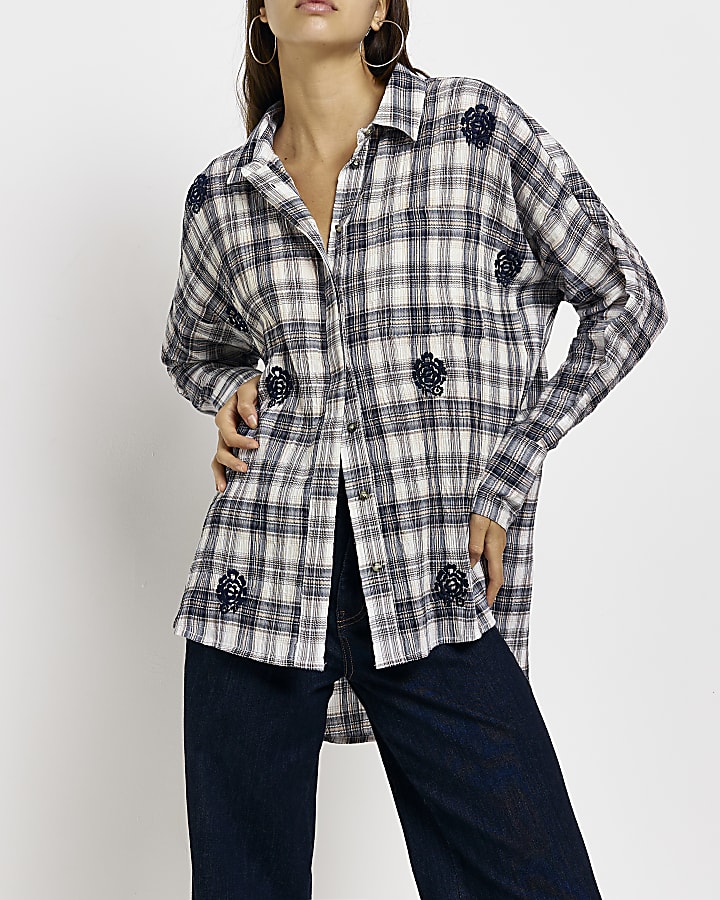 Grey check oversized embroidered shirt