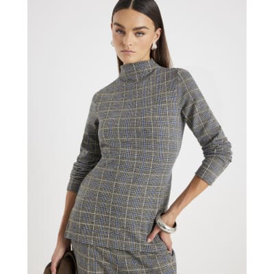 Grey Check Print Cosy Belted Tunic Top