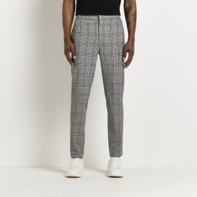 Grey check print slim fit trousers | River Island