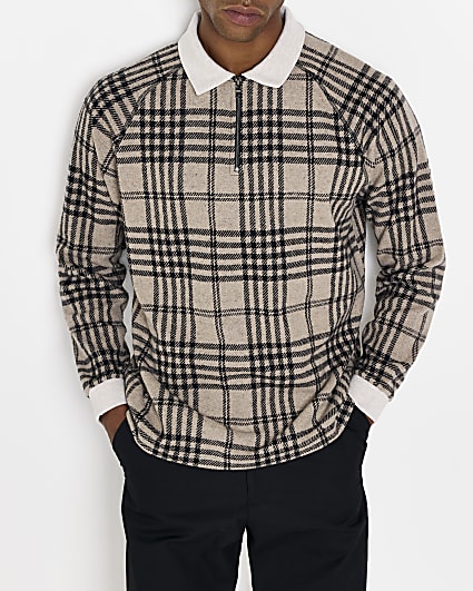Grey Check regular fit long sleeve polo shirt