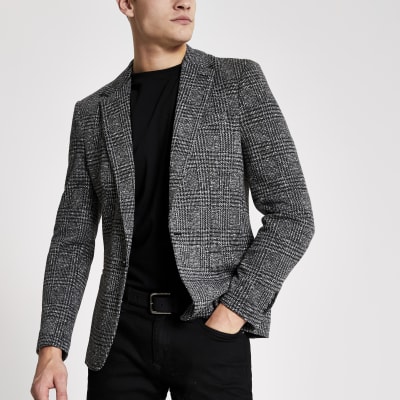 Grey check skinny fit blazer | River Island