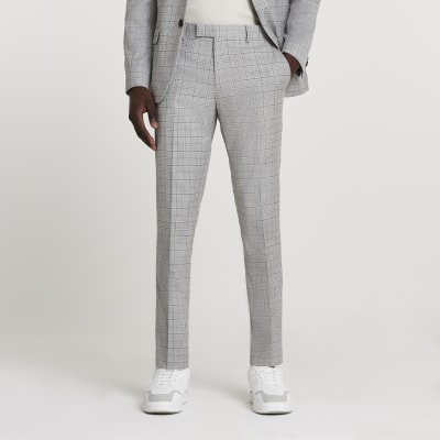 grey check skinny fit tapered chino trousers