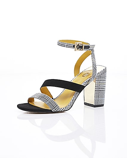 360 degree animation of product Grey check strappy asymmetric sandals frame-0
