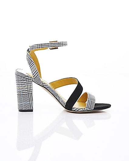 360 degree animation of product Grey check strappy asymmetric sandals frame-10