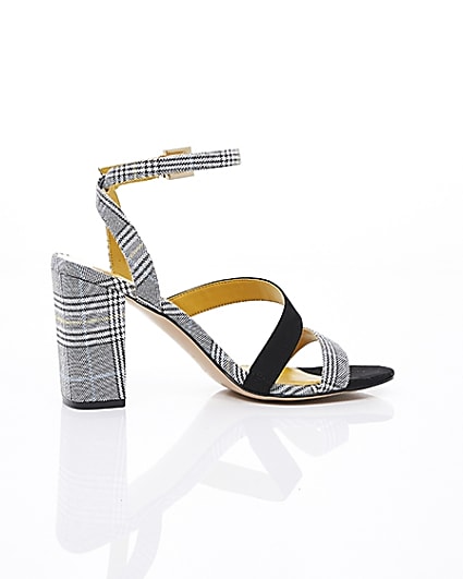 360 degree animation of product Grey check strappy asymmetric sandals frame-11
