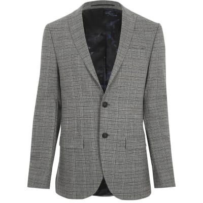 Grey check stretch slim fit suit jacket