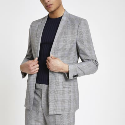 Grey check stretch slim fit suit jacket
