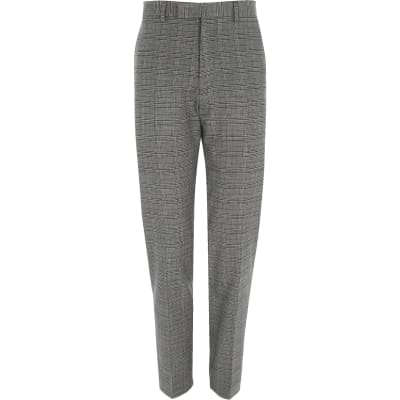 Grey check stretch slim fit suit trousers