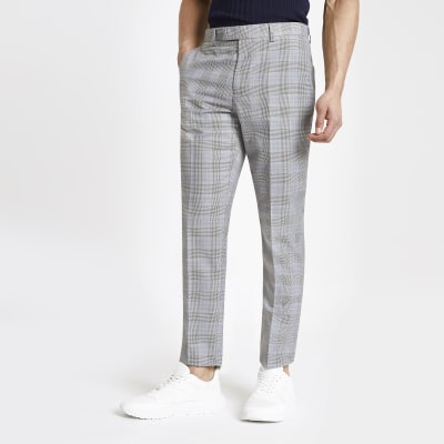 Grey check stretch slim fit suit trousers