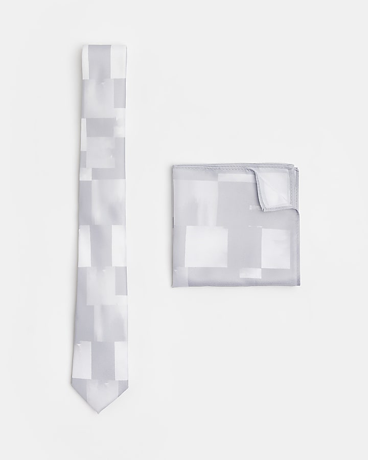 Grey check tie and pocket square set