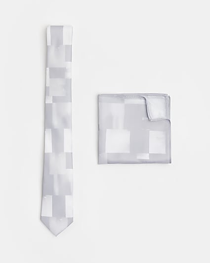 Grey check tie and pocket square set