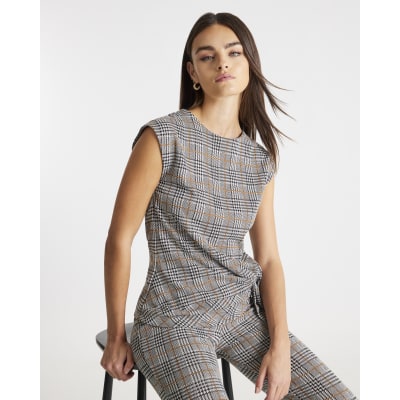 Grey Check Tie Detail Top