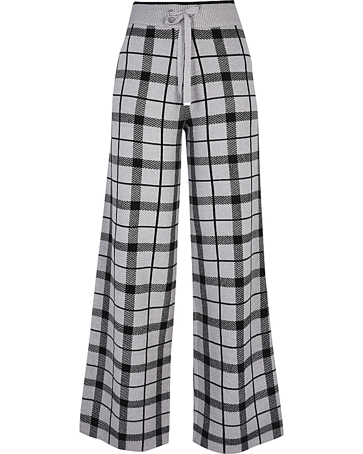 Grey checked wide leg trousers