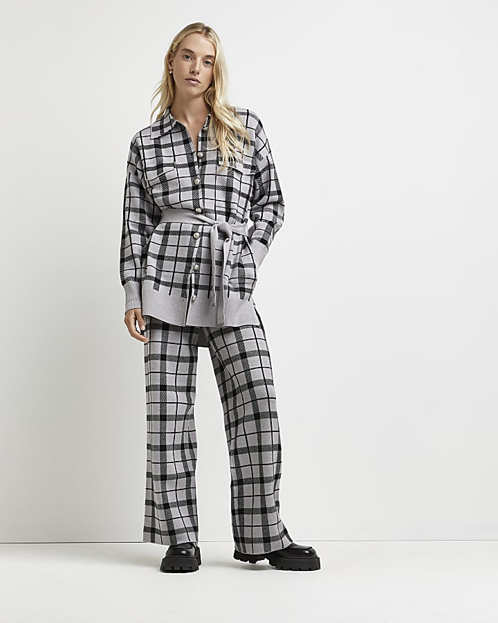 Grey checked wide leg trousers