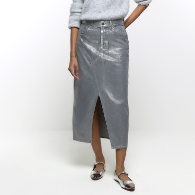 Grey coated denim midi skirt River Island