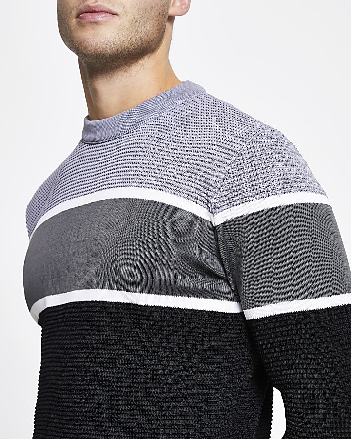 Grey colour block slim fit jumper
