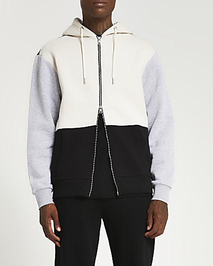Grey colour block zip up hoodie