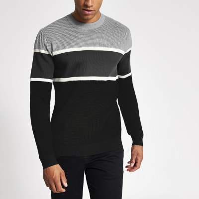 Grey Colour Blocked Knitted Slim Fit Jumper River Island