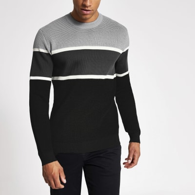Grey colour blocked knitted slim fit jumper River Island