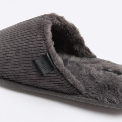 Grey corduroy slippers | River Island