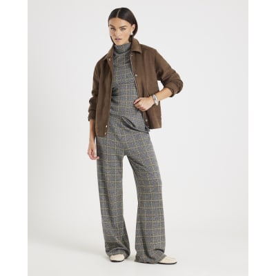 Grey Cosy Check Print Wide Leg Trousers