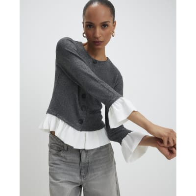 Grey Cosy Long Sleeve Frill Trim Cardigan