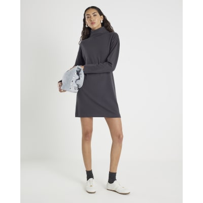 Grey Cosy Long Sleeve High Neck Mini Dress