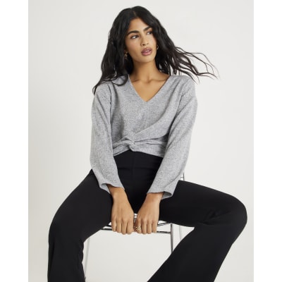 Grey Cosy Long Sleeve Twist Front Top