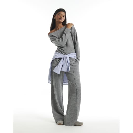 River Island Grey Cosy Marl Wide Leg Trousers