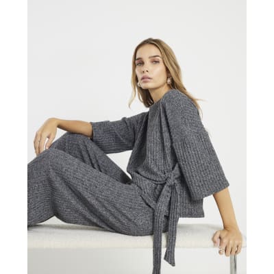 Grey Cosy Ribbed Knot Side Top