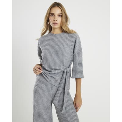 Grey Cosy Ribbed Knot Side Top