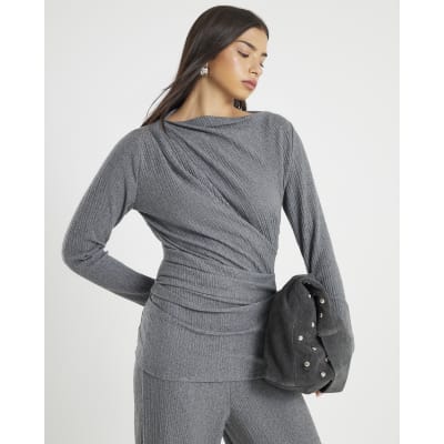 Grey Cosy Ribbed Long Sleeve Drape Top