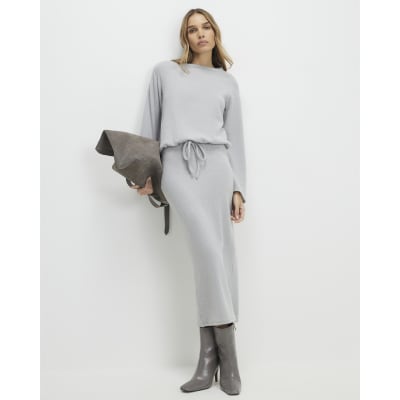 Grey Cosy Ribbed Midi Skirt