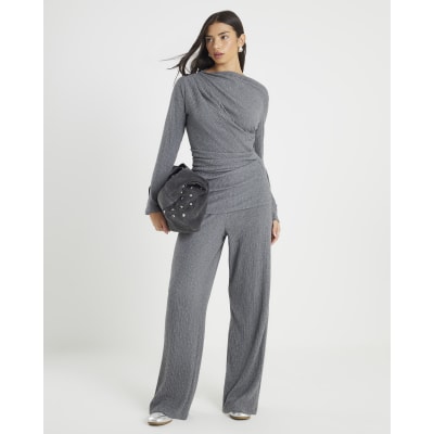 Grey Cosy Ribbed Wide Leg Trousers