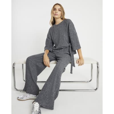 Grey Cosy Ribbed Wide Leg Trousers