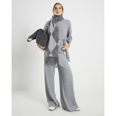 Grey Cosy Ribbed Wide Leg Trousers