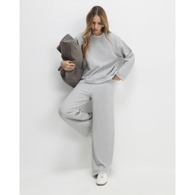 Grey Cosy Whipstitch Wide Leg Joggers