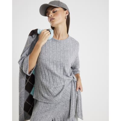 Grey Cosy Wide Ribbed Knot Side Top