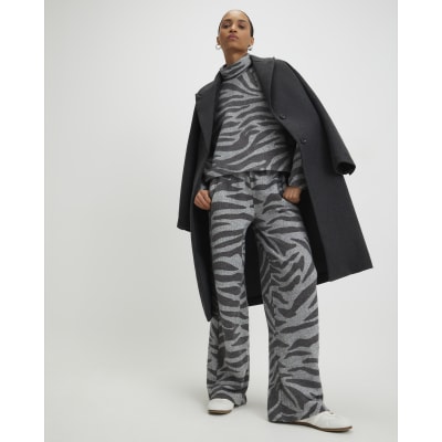 Grey Cosy Zebra Print Wide Leg Trousers