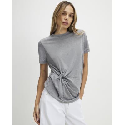 Grey Cotton Blend Burnout Twist Front T-shirt